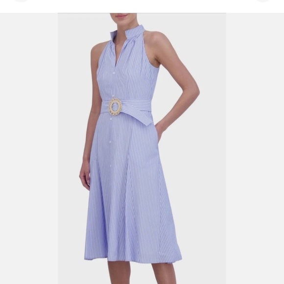 Eliza J Blue Striped Belted Halter Dress with Pockets Sz 12 NWT - Picture 4 of 7